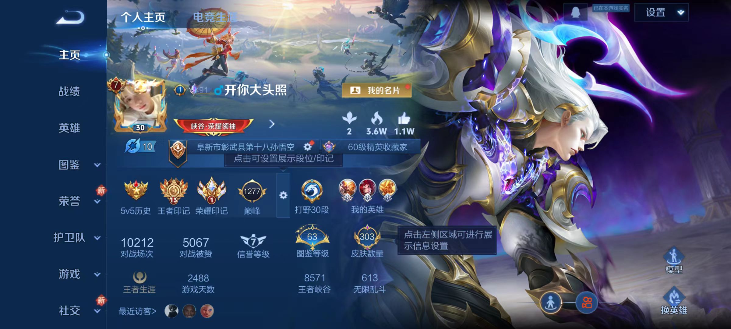 王者荣耀账号安卓QQ303皮肤 贵族7 典藏2 10传说全息碎影 银·白咏叹调 黄金白羊座 深海之息 无双飞将 白虎志 